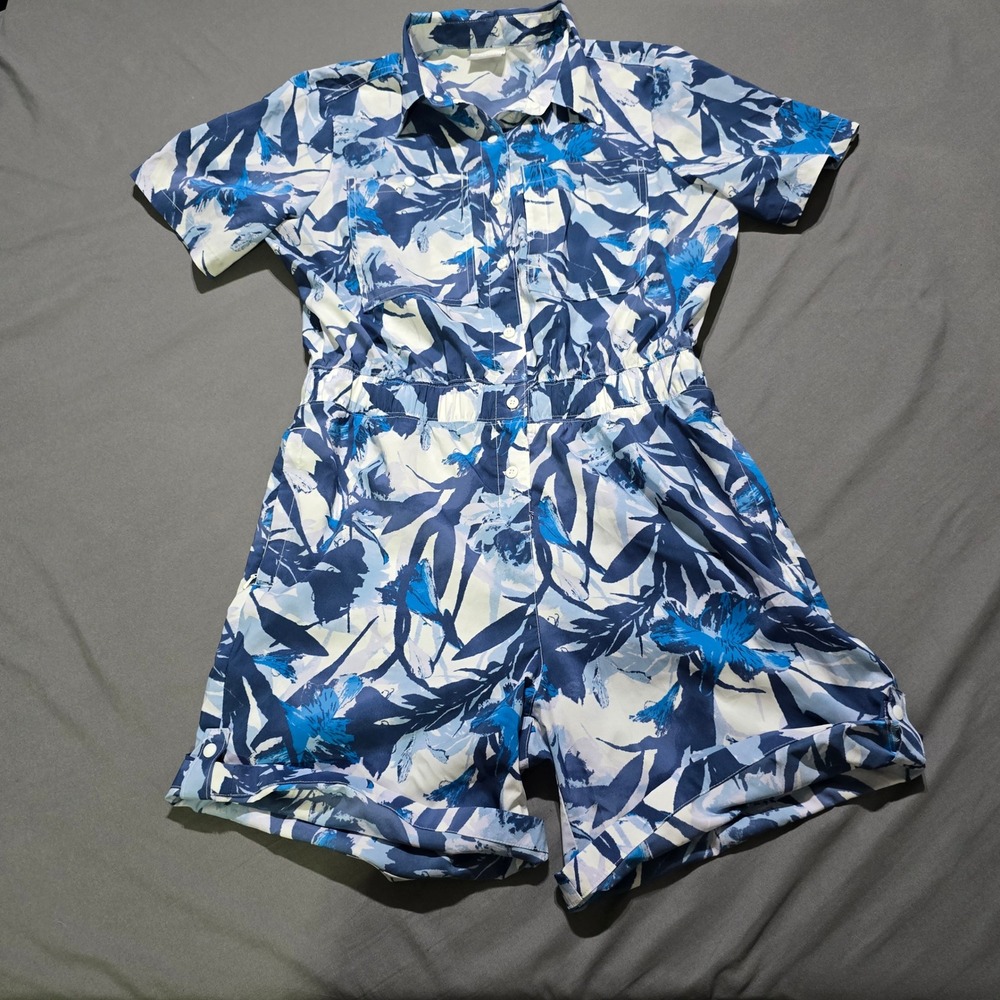 Columbia Romper Women M Blue White Floral Tropical Leaf Print Short Sleeve PFG